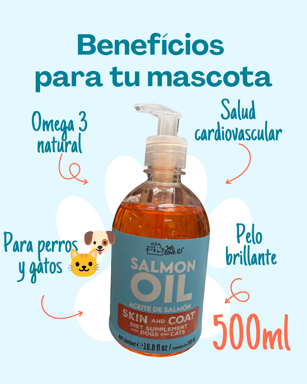 Aceite de Salmón We Love It! — Suplemento para Piel y Pelo de Perros y Gatos | 500 ml